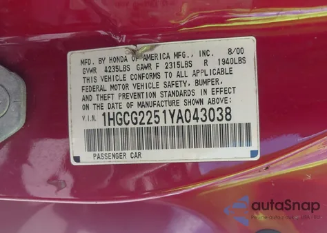 2000 Honda Accord 3.0 Ex из США, поврежденный, VIN 1HGCG2251YA043038